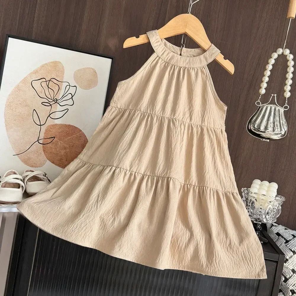 Bear Leader Korean Version Plain Princess Dress Summer Solid Color Neck Hanging Girls Clothes 3-7 Years Kids Fashion Wear