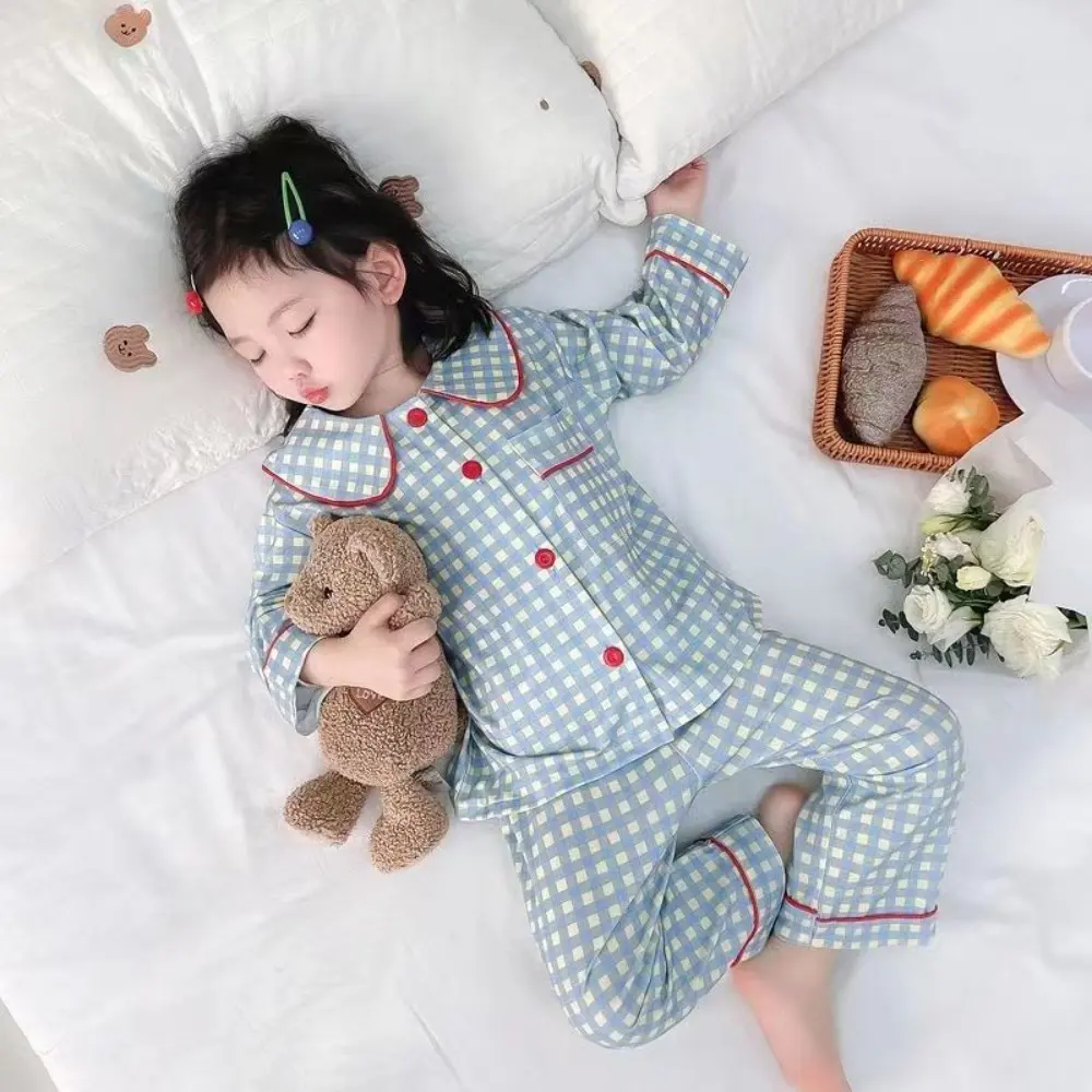 Bear Leader Kids Sleepwear Autumn Home Wear Korean Checkered Girls Clothes Long Sleeved Cartoon Print Top+Pants Children's Set