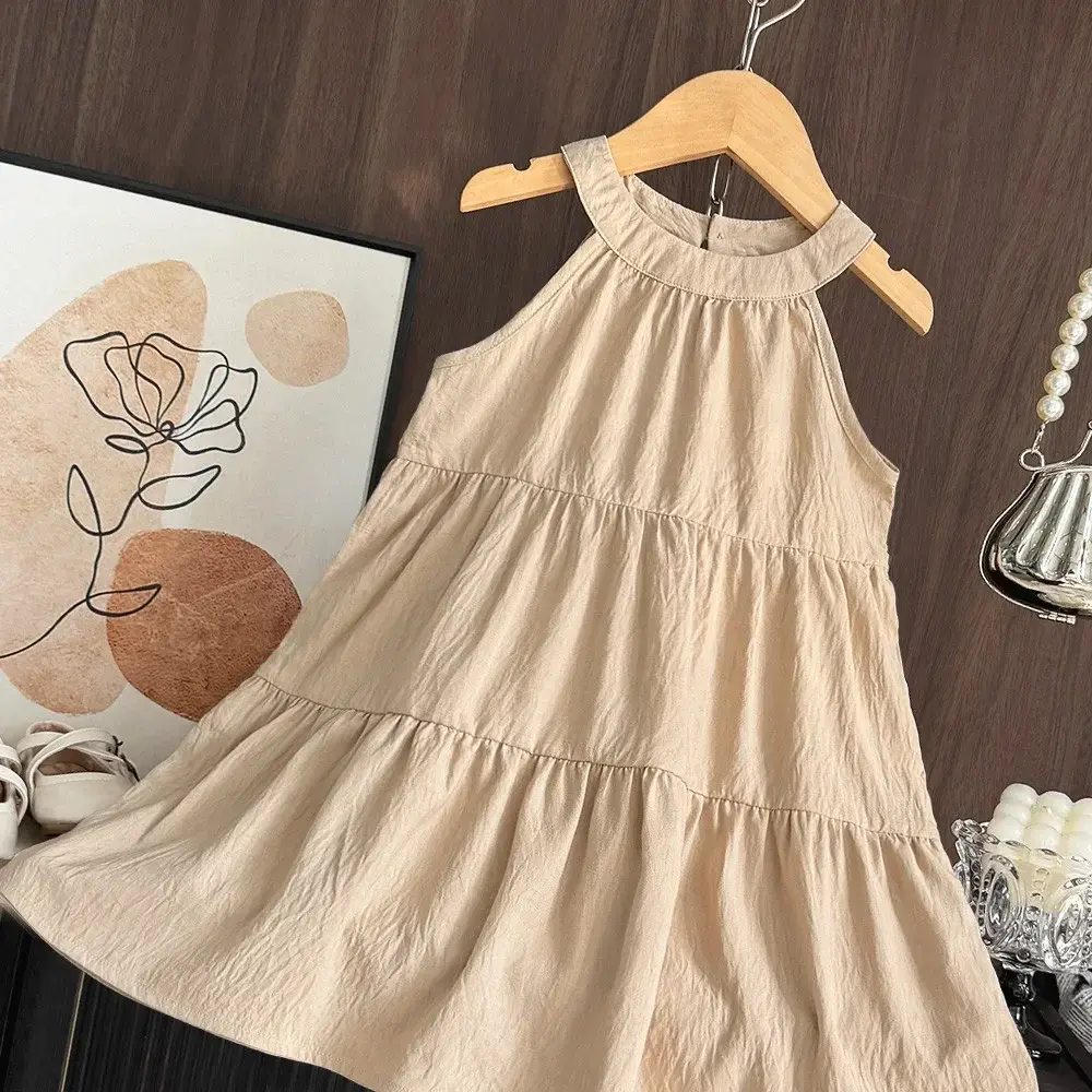 Bear Leader Korean Version Plain Princess Dress Summer Solid Color Neck Hanging Girls Clothes 3-7 Years Kids Fashion Wear