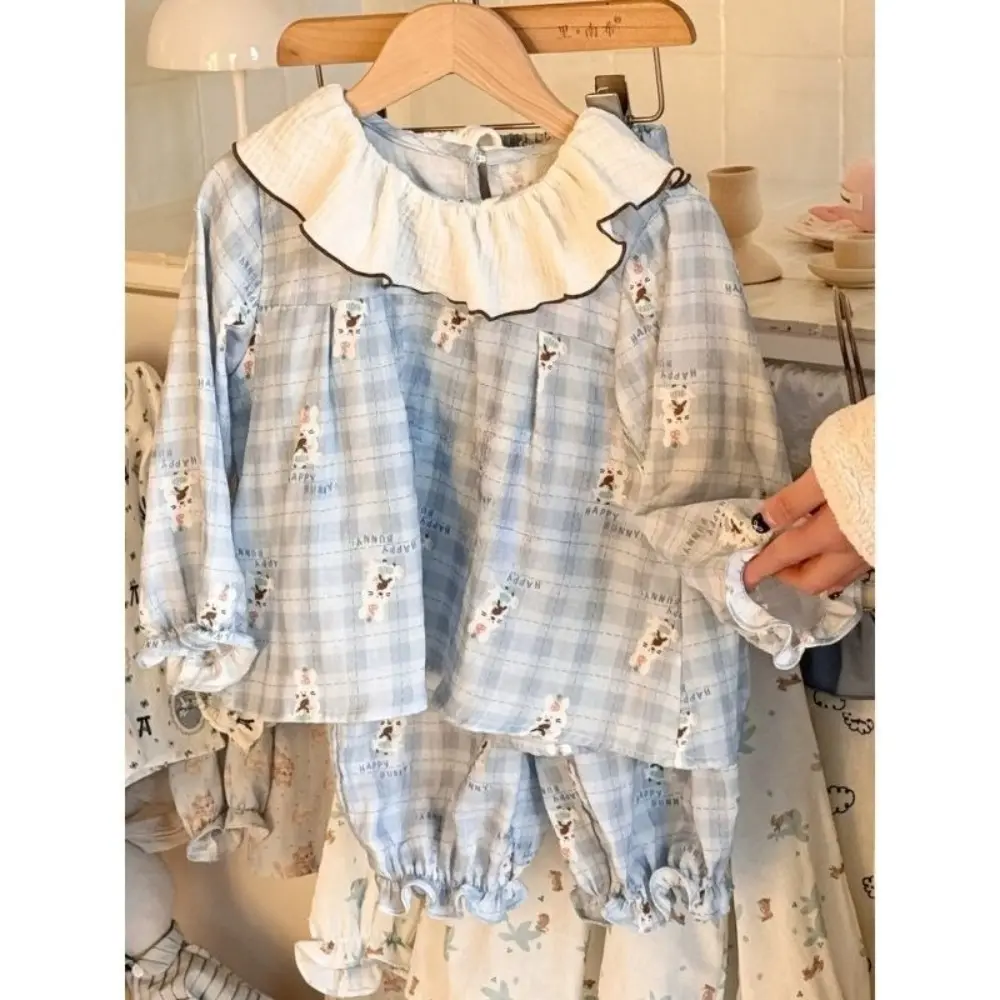 Bear Leader Autumn New Long Sleeved Cartoon Printed Lapel Top+Pants 2Pcs Set Cute Girls' Pajamas Home Casual Children's Clothing