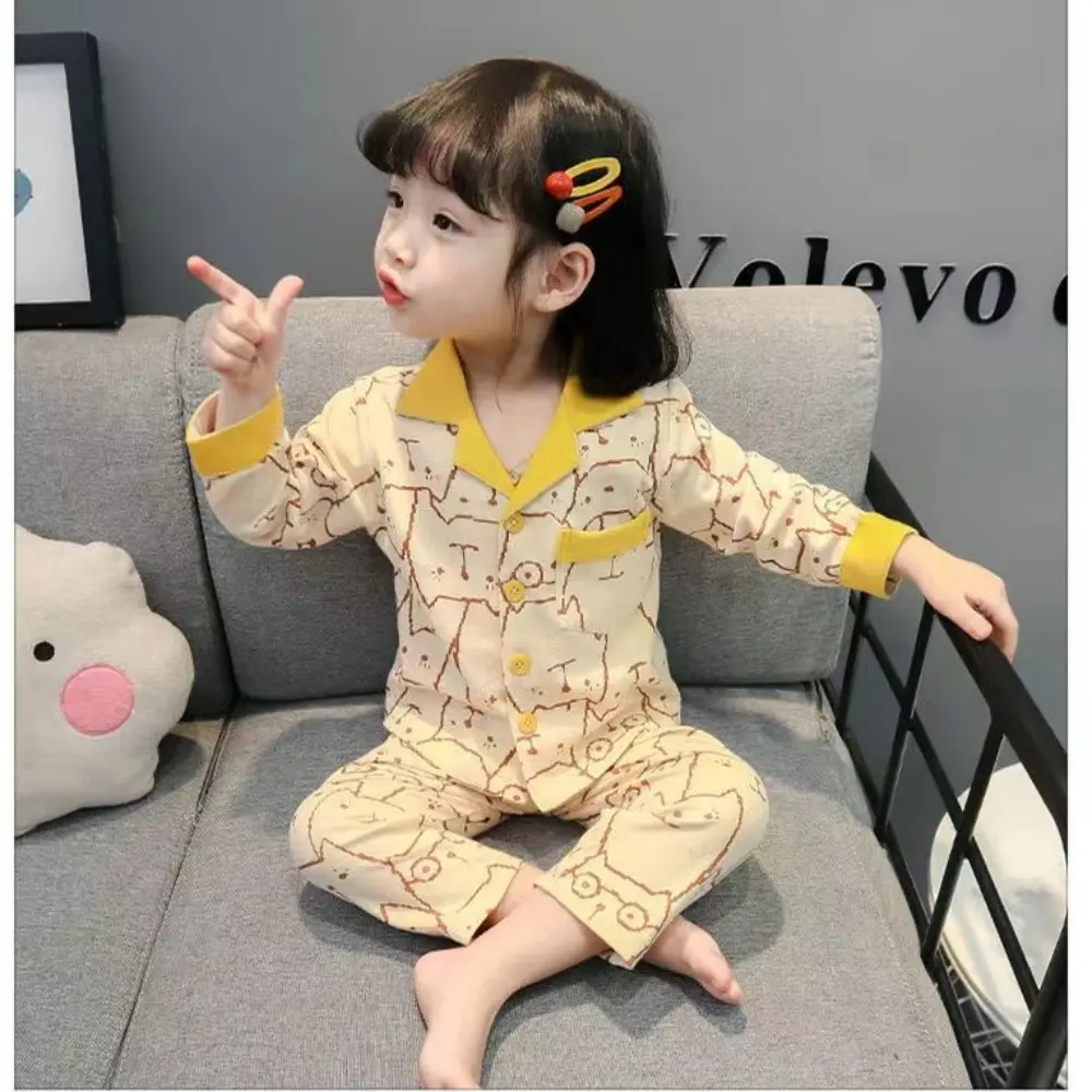 Bear Leader Kids Sleepwear Autumn Home Wear Korean Checkered Girls Clothes Long Sleeved Cartoon Print Top+Pants Children's Set