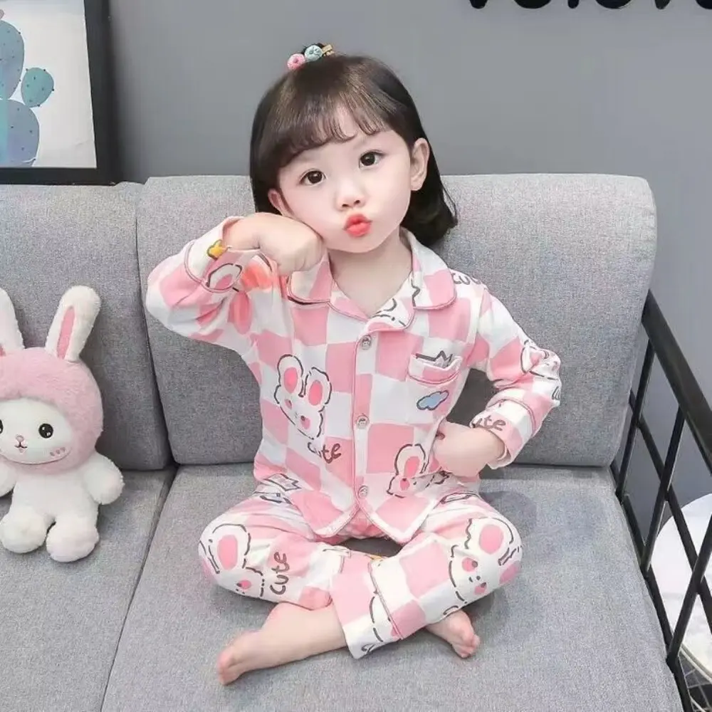 Bear Leader Kids Sleepwear Autumn Home Wear Korean Checkered Girls Clothes Long Sleeved Cartoon Print Top+Pants Children's Set
