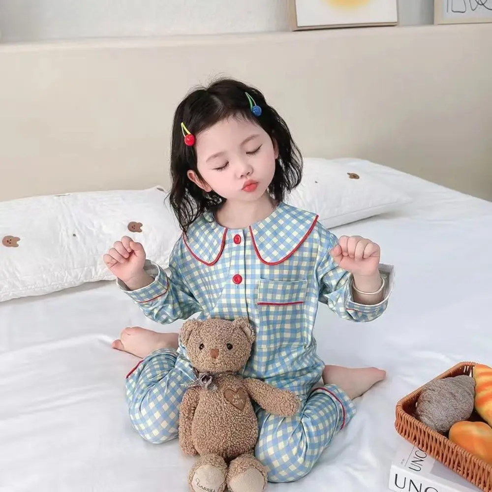Bear Leader Kids Sleepwear Autumn Home Wear Korean Checkered Girls Clothes Long Sleeved Cartoon Print Top+Pants Children's Set