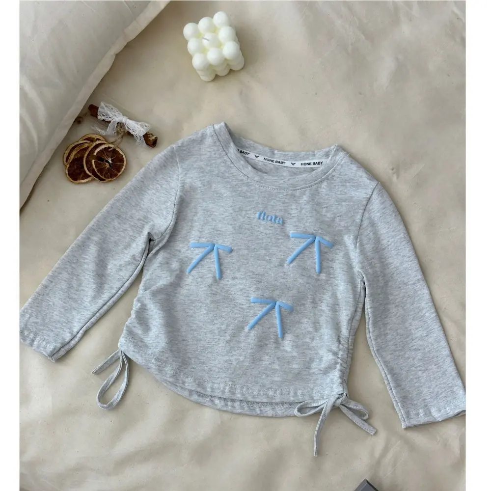 Bear Leader Autumn New Girls' Bottom Shirt Side Drawstring Bow Letter Printed Long Sleeve T-shirt Fashion Casual Children's Wear