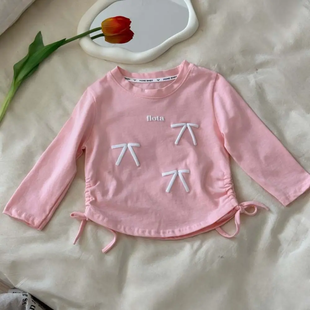Bear Leader Autumn New Girls' Bottom Shirt Side Drawstring Bow Letter Printed Long Sleeve T-shirt Fashion Casual Children's Wear