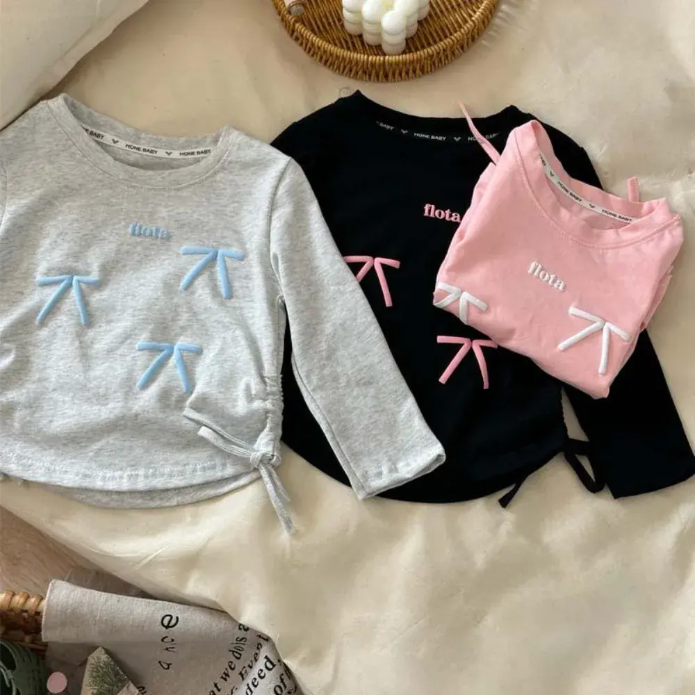 Bear Leader Autumn New Girls' Bottom Shirt Side Drawstring Bow Letter Printed Long Sleeve T-shirt Fashion Casual Children's Wear