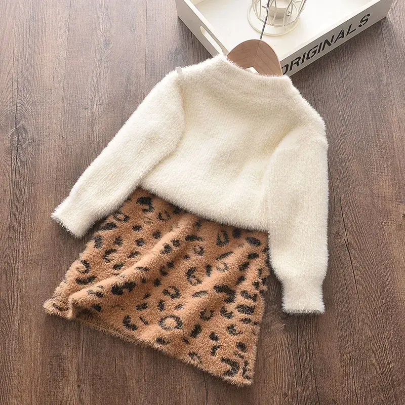 Bear Leader 2024 Spring and Autumn New Girl Sweater Set Princess Dress Cartoon Sweater+A-line Skirt 2-piece Set
