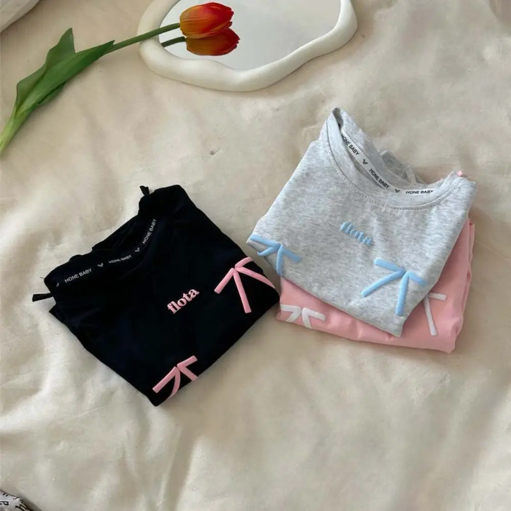 Bear Leader Autumn New Girls' Bottom Shirt Side Drawstring Bow Letter Printed Long Sleeve T-shirt Fashion Casual Children's Wear