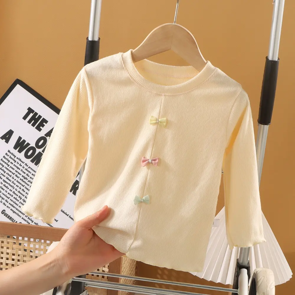 Bear Leader Autumn Children's Base Shirt Fashionable New Solid Color Long Sleeved T-shirt Bow Decoration Round Neck Girls' Top