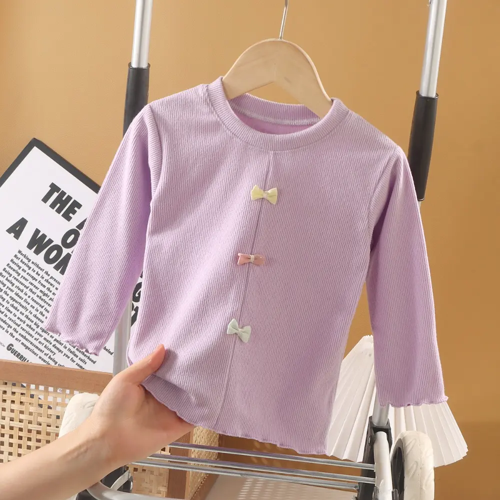 Bear Leader Autumn Children's Base Shirt Fashionable New Solid Color Long Sleeved T-shirt Bow Decoration Round Neck Girls' Top