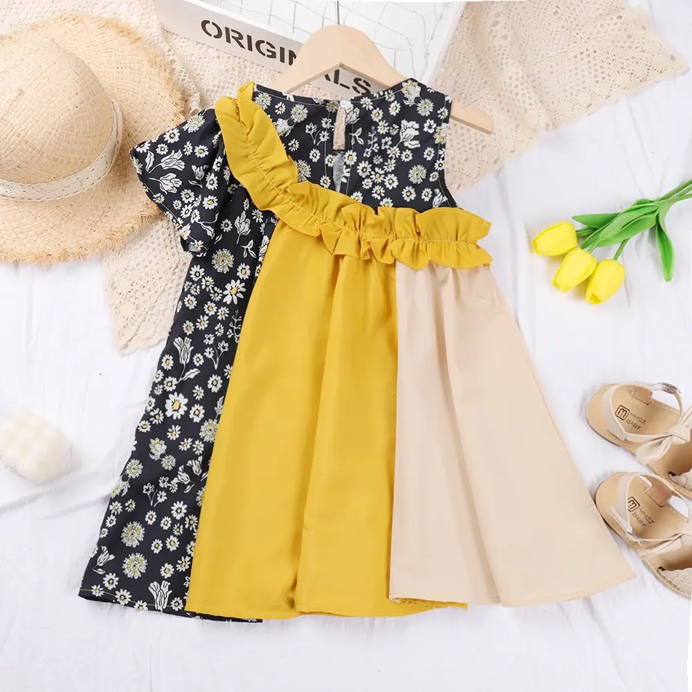 Bear Leader Korean Children's Summer Girls Fashion Color Blocking Dresses Children's Wooden Ear Edge Floral Dress Girls Clothing