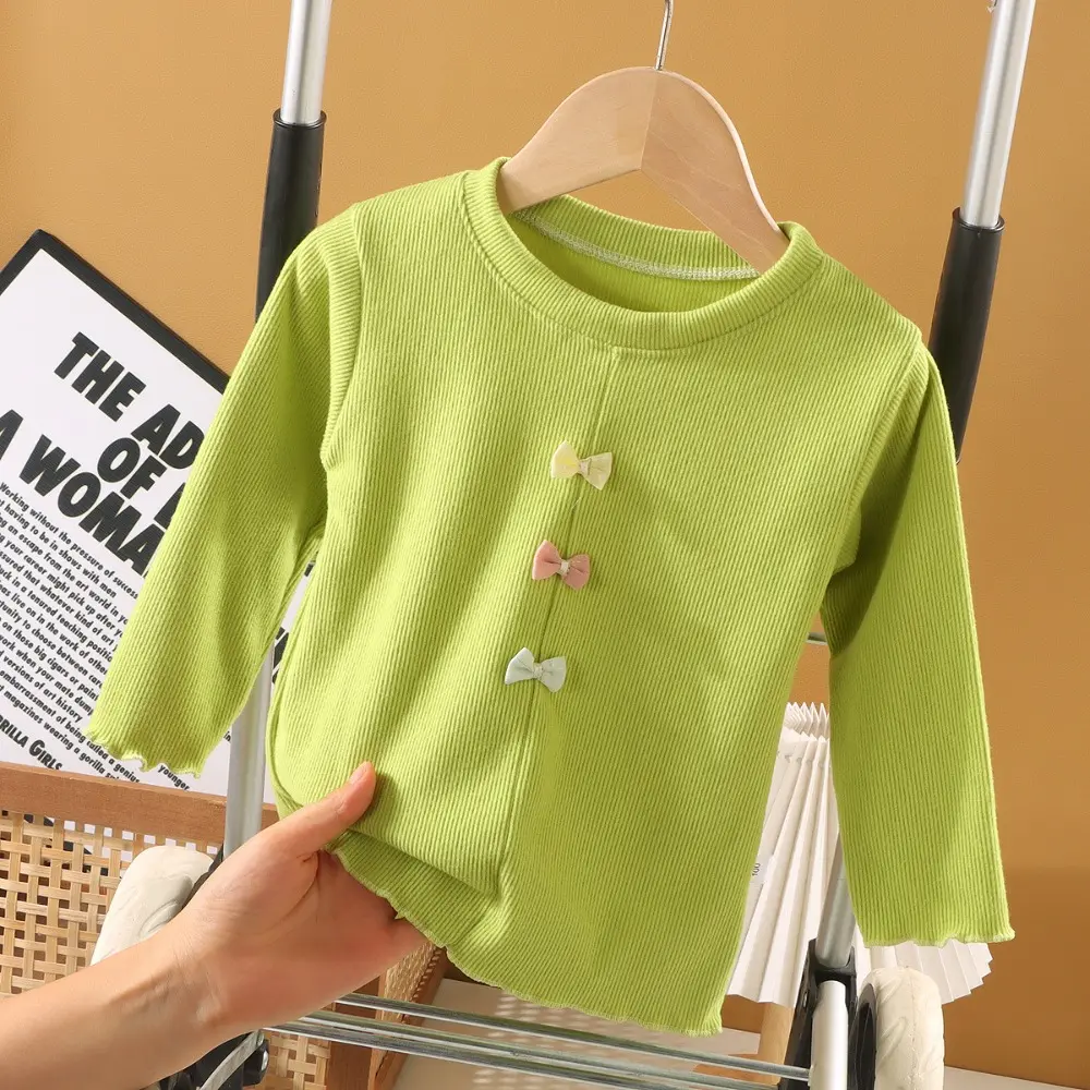 Bear Leader Autumn Children's Base Shirt Fashionable New Solid Color Long Sleeved T-shirt Bow Decoration Round Neck Girls' Top