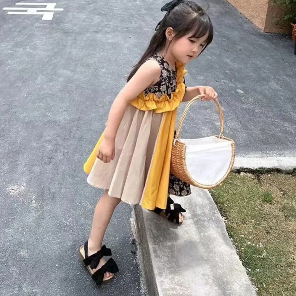 Bear Leader Korean Children's Summer Girls Fashion Color Blocking Dresses Children's Wooden Ear Edge Floral Dress Girls Clothing