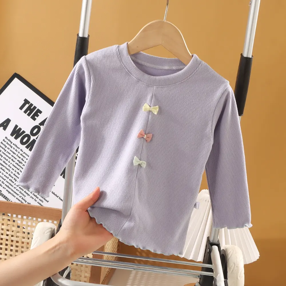 Bear Leader Autumn Children's Base Shirt Fashionable New Solid Color Long Sleeved T-shirt Bow Decoration Round Neck Girls' Top