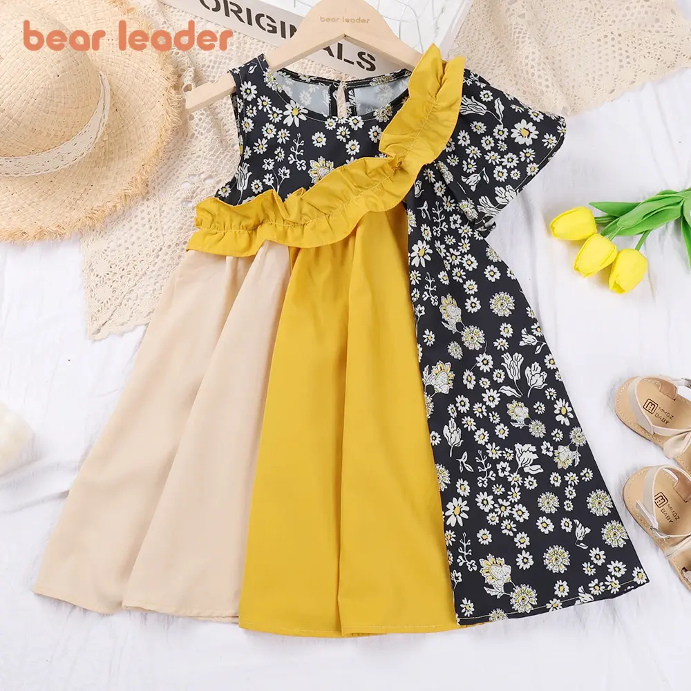 Bear Leader Korean Children's Summer Girls Fashion Color Blocking Dresses Children's Wooden Ear Edge Floral Dress Girls Clothing