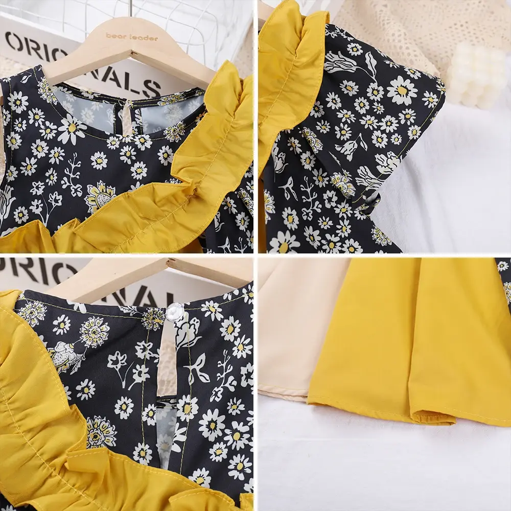 Bear Leader Korean Children's Summer Girls Fashion Color Blocking Dresses Children's Wooden Ear Edge Floral Dress Girls Clothing