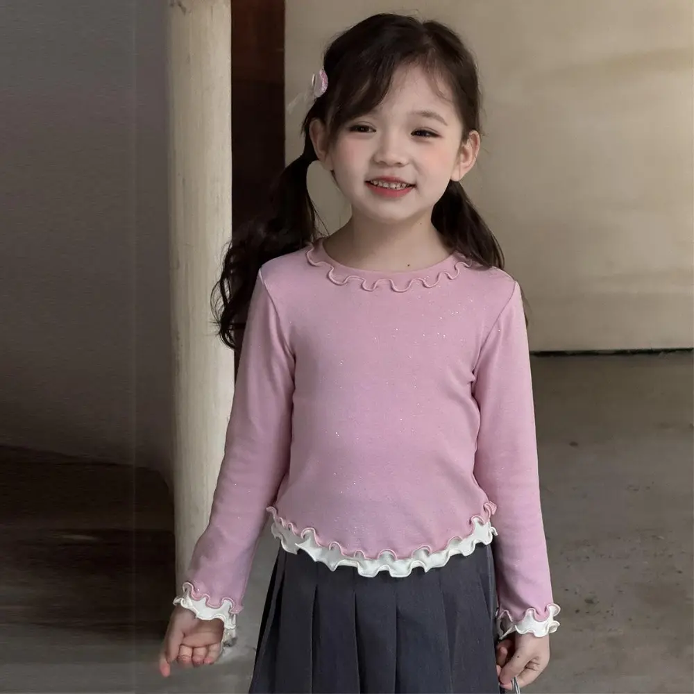 Bear Leader Spring and Autumn New Girls' Bottom Shirt Korean Edition Fashion Lace Splicing Fake Two Piece Long Sleeve T-shirt