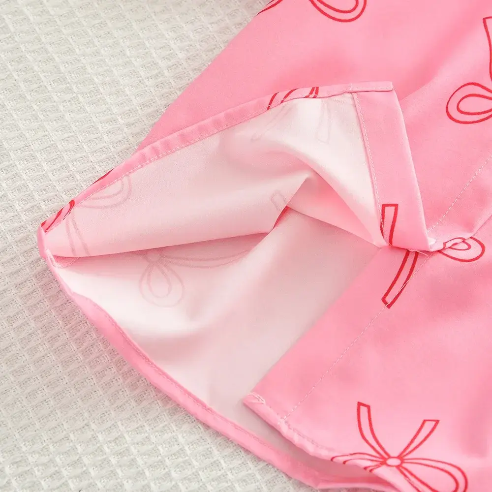 Bear Leader Korean Bow Print Lapel Top+Pleated Skirt Two Piece Set Summer Puff Sleeve Girls Clothes 3-7 Years Kids Fashion Wear