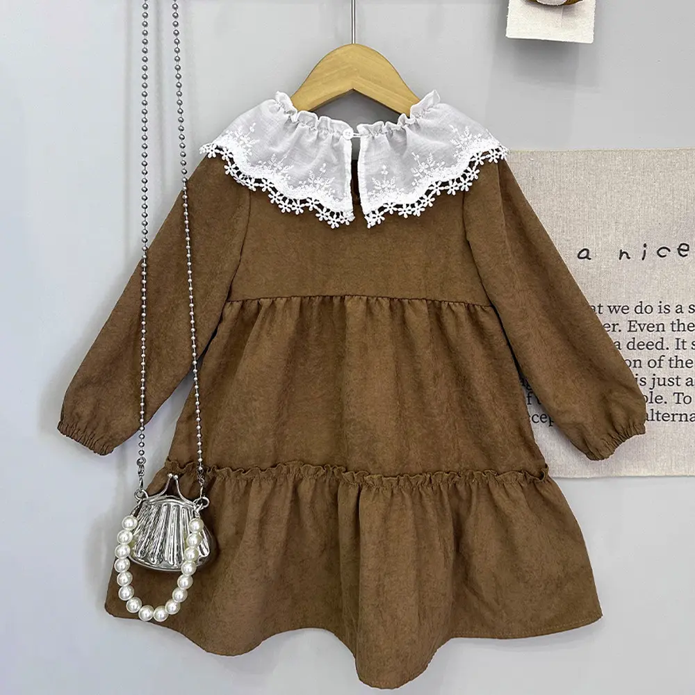 Bear Leader Korean Version Long Sleeved Kids Casual Plain Dress 3-7 Years Spring and Autumn Solid Color Lace Lapel Girls Dresses