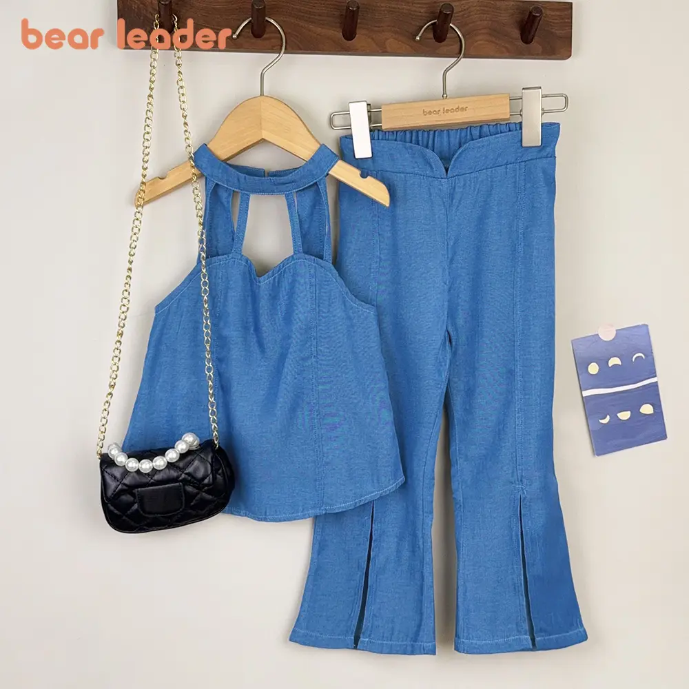 Bear Leader 3-7 Year Old Fashionable New Children's Clothing Blue Girls Clothes Hanging Neck Top+Flared Pants Two-piece Set