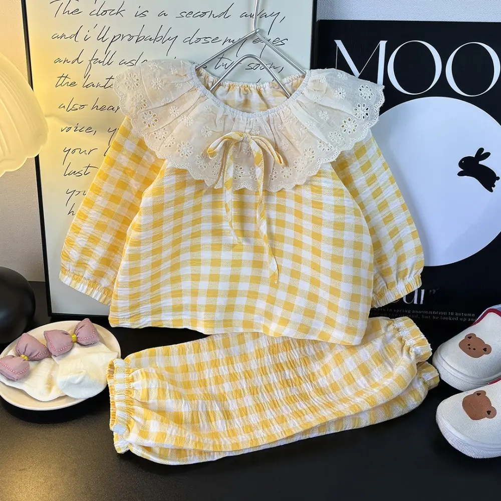 Bear Leader Girls' Home Clothing  Autumn Long Sleeved Doll Collar Top+Pants Two-piece Set Korean Checkered Children's Clothing
