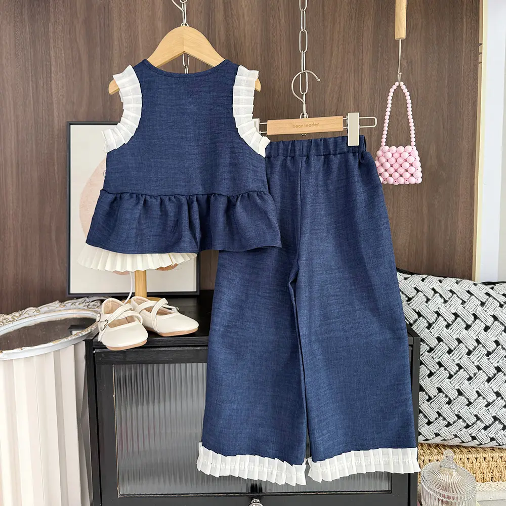 Bear Leader Korean Version Blue Imitation Denim Girls Suit Summer Lace Patchwork Sleeveless Top+Pants 2 Pcs Kids Fashion Clothes