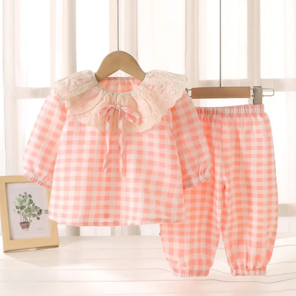 Bear Leader Girls' Home Clothing  Autumn Long Sleeved Doll Collar Top+Pants Two-piece Set Korean Checkered Children's Clothing