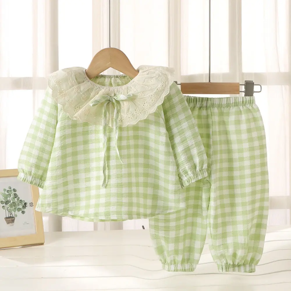 Bear Leader Girls' Home Clothing  Autumn Long Sleeved Doll Collar Top+Pants Two-piece Set Korean Checkered Children's Clothing