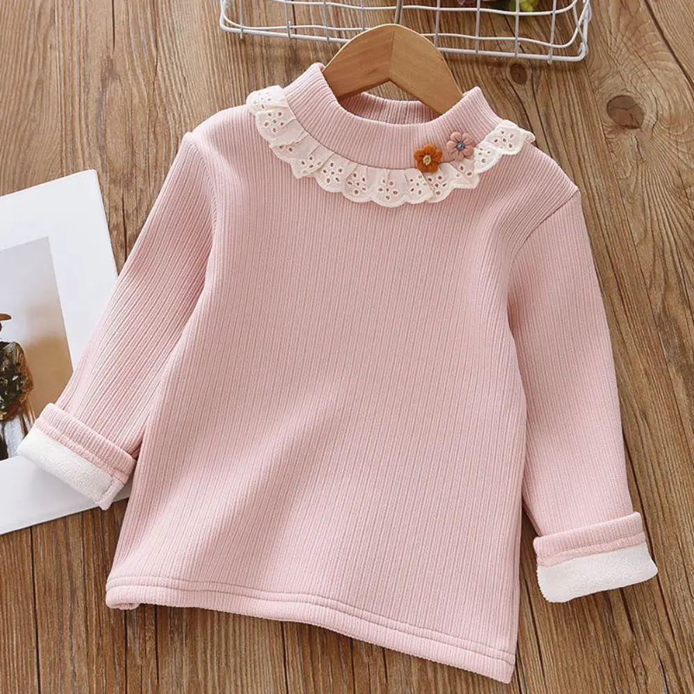 Bear LeaderAutumn Winter Warm Girls' Top with 3D Flower Decoration and Lace Round Neck T-shirt Sweet Children's Clothing