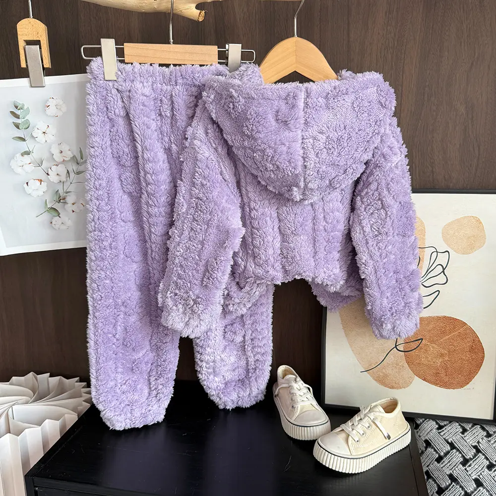 Bear Leader Purple Plush Jacquard Top+Pants 2-piece Set for Autumn and Winter Home Girls Clothes Casual Pajamas 3-7 Years Old