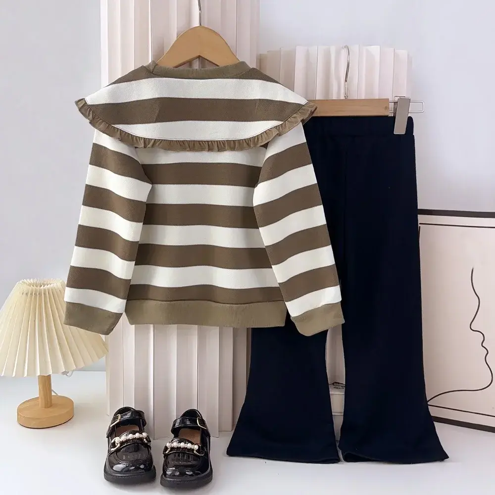 Bear Leader 3-7 Years Old Korean Style Girls Casual Clothes Autumn New Long Sleeved Striped Top+solid Color Pants 2-piece Set