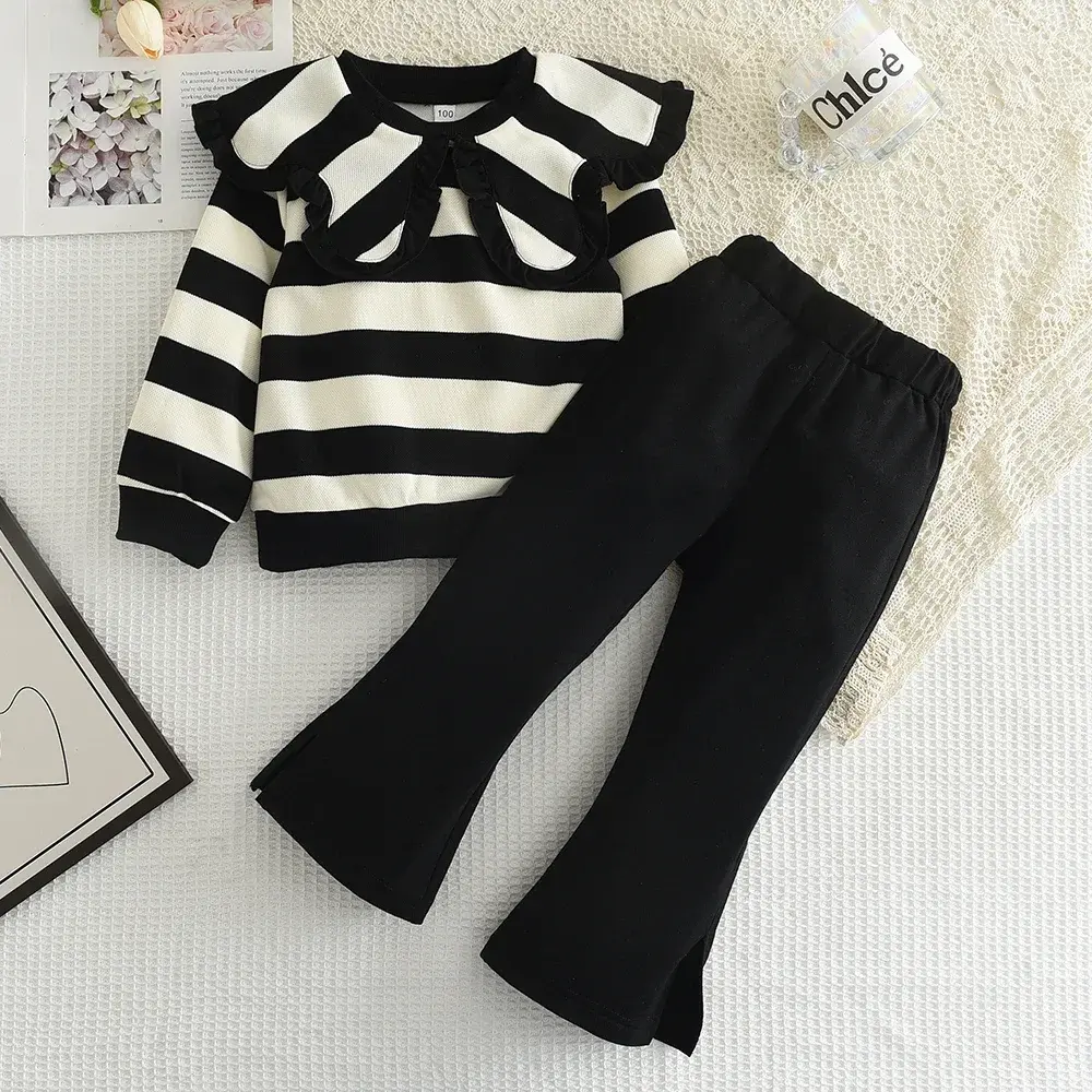 Bear Leader 3-7 Years Old Korean Style Girls Casual Clothes Autumn New Long Sleeved Striped Top+solid Color Pants 2-piece Set
