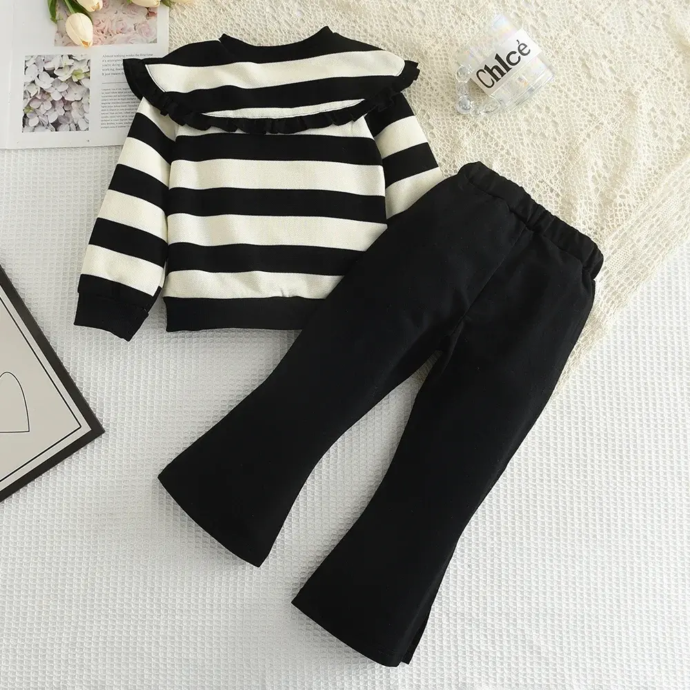 Bear Leader 3-7 Years Old Korean Style Girls Casual Clothes Autumn New Long Sleeved Striped Top+solid Color Pants 2-piece Set