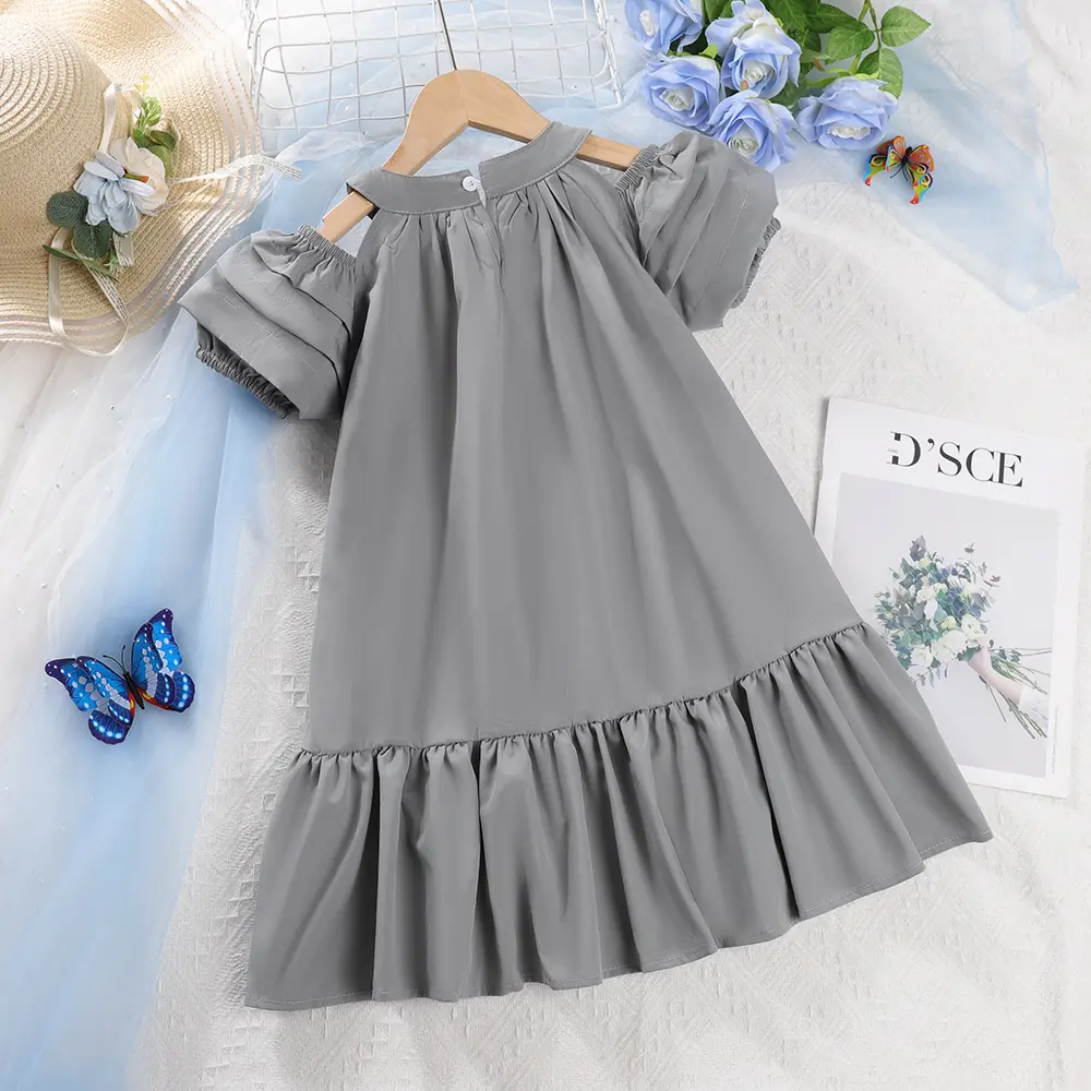 Bear Leader Summer Dress New Girls Korean Edition Bubble Sleeve Hollow Solid Cotton Ruffle Dress Children's Casual Fashion Dress