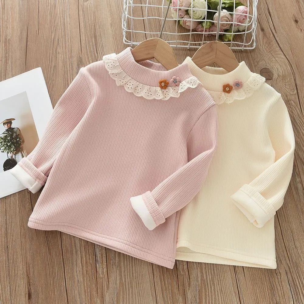 Bear LeaderAutumn Winter Warm Girls' Top with 3D Flower Decoration and Lace Round Neck T-shirt Sweet Children's Clothing