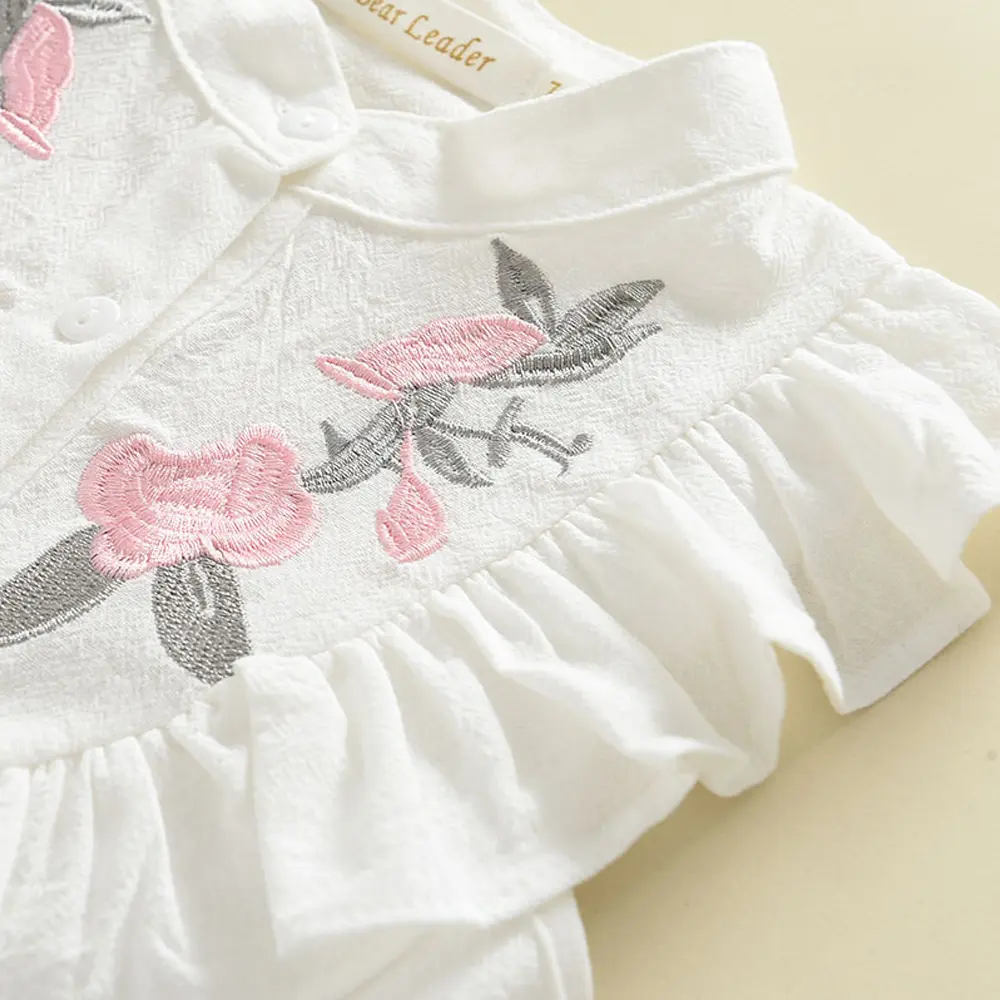 Kids Clothes Girls Summer Korean Minimalist Set with Floral Embroidery Top and Bow Shorts, 2-piece Cute Girl Costume Set