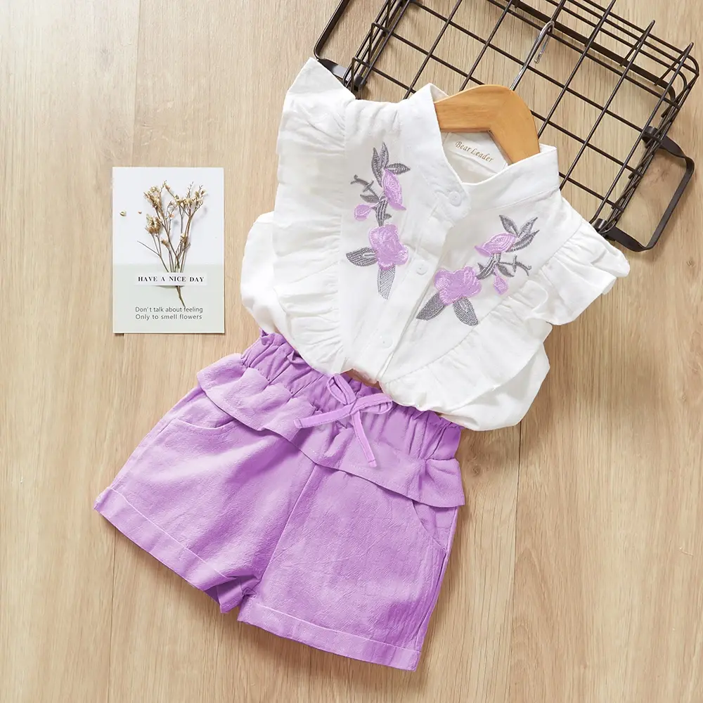 Kids Clothes Girls Summer Korean Minimalist Set with Floral Embroidery Top and Bow Shorts, 2-piece Cute Girl Costume Set