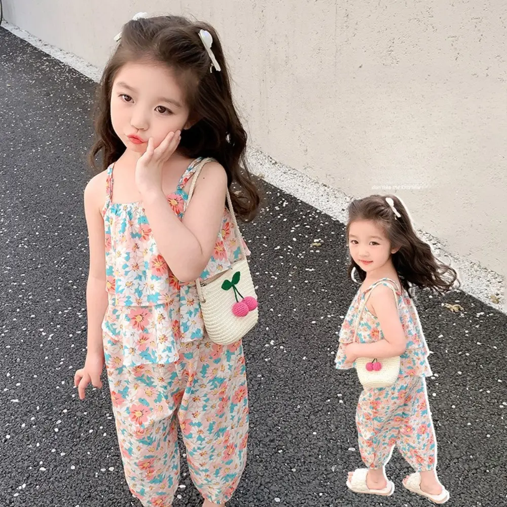 Bear Leader 2-7 Years Old Pink Girls Clothes Summer Flower Printed Camisole Top+Pants Two-piece Set Casual Children's Clothing
