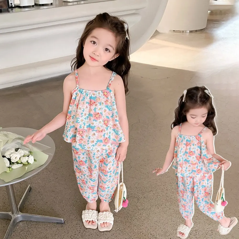 Bear Leader 2-7 Years Old Pink Girls Clothes Summer Flower Printed Camisole Top+Pants Two-piece Set Casual Children's Clothing