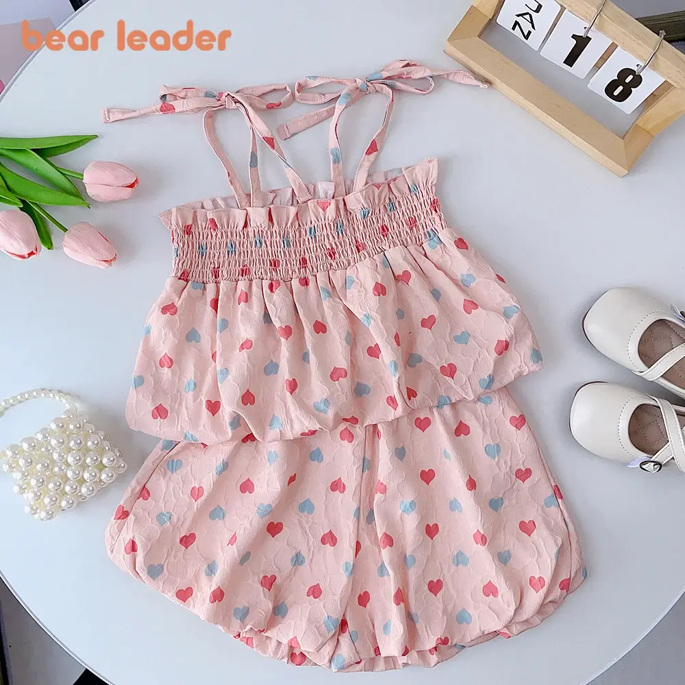 Bear Leader Summer Girls' Set 2023 New Girl Baby Cute Heart Print Flower Jacquard Suspender Tank Top+Shorts Fashion Two Piece Se