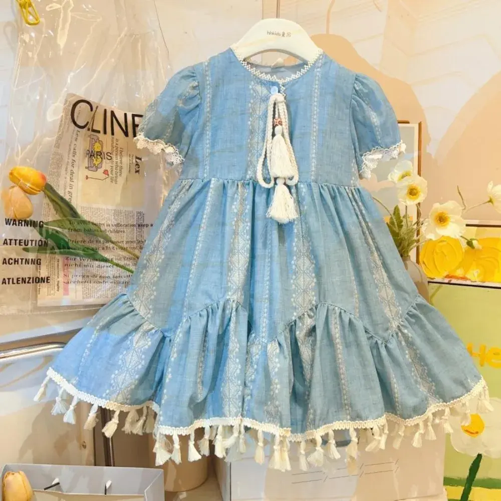 Bear Leader Summer Girls Casual Dresses Short Sleeved Tassel Princess Dress Blue Seaside Leisure Vacation Children's Clothing