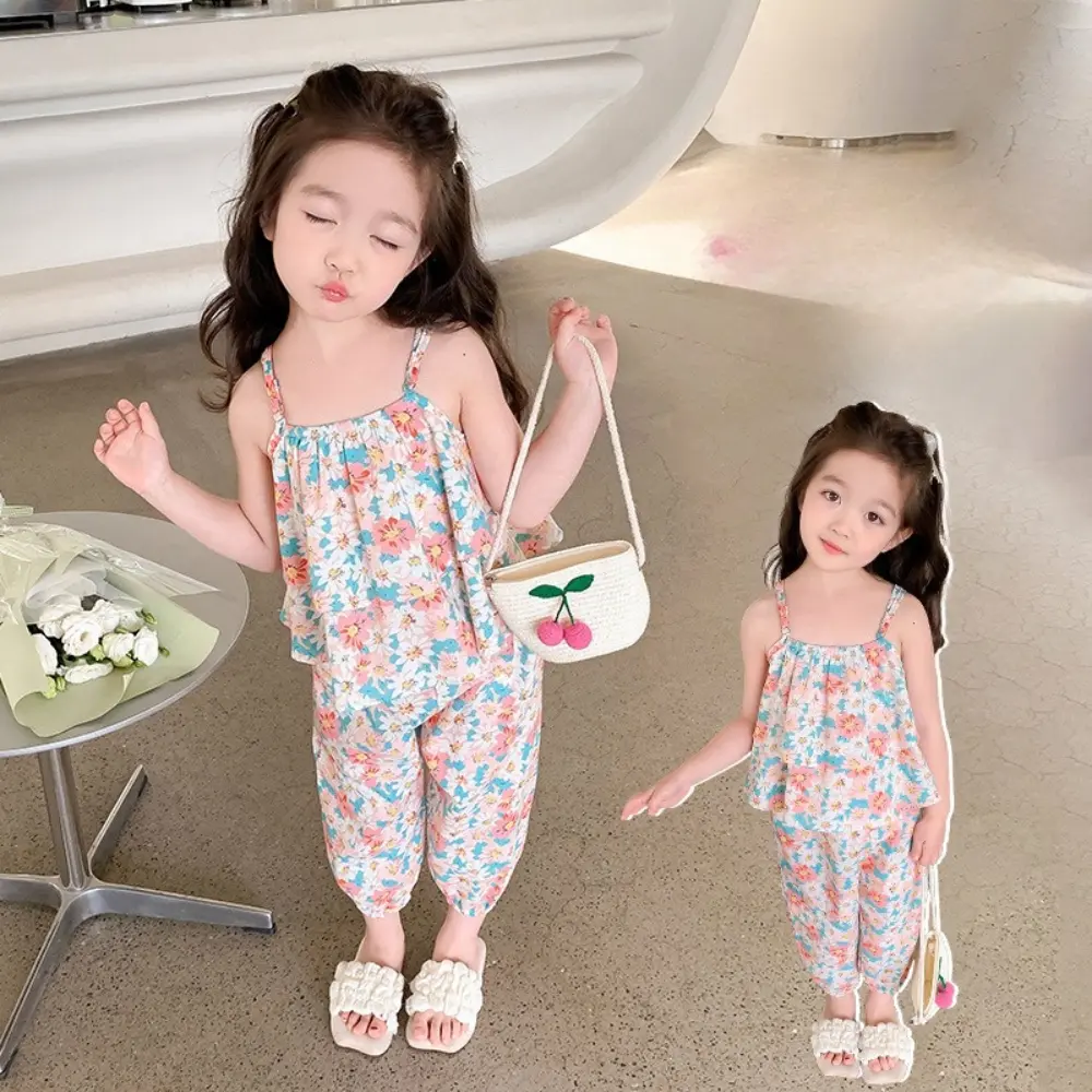 Bear Leader 2-7 Years Old Pink Girls Clothes Summer Flower Printed Camisole Top+Pants Two-piece Set Casual Children's Clothing