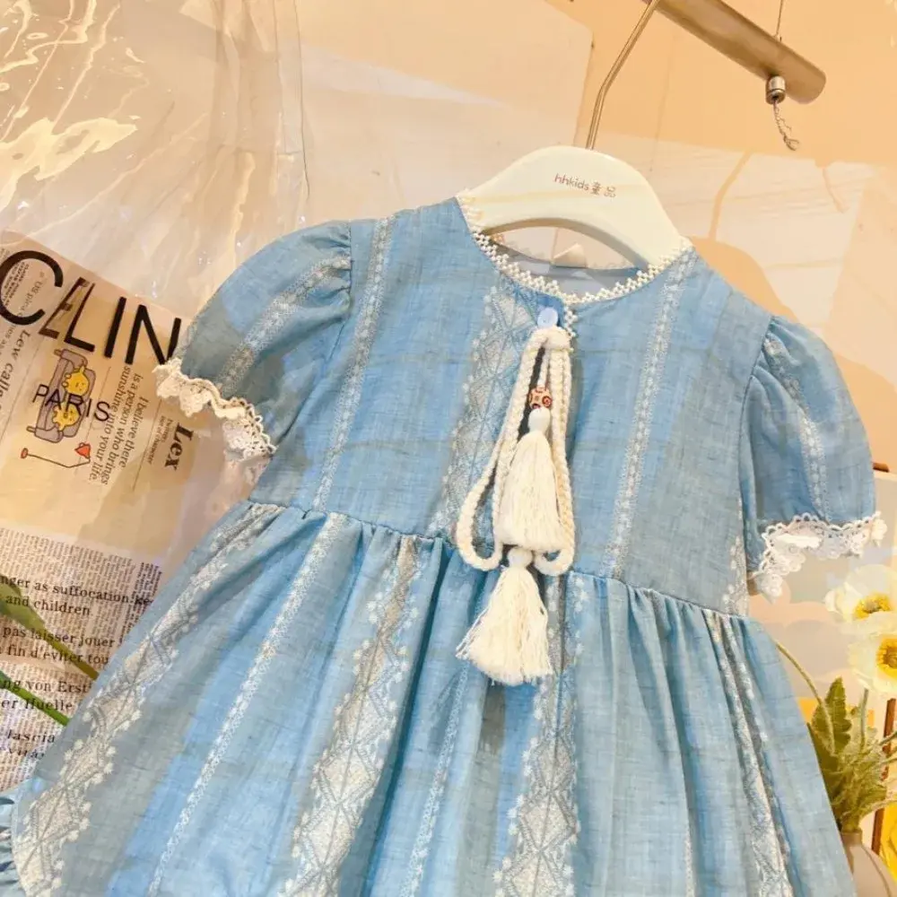 Bear Leader Summer Girls Casual Dresses Short Sleeved Tassel Princess Dress Blue Seaside Leisure Vacation Children's Clothing