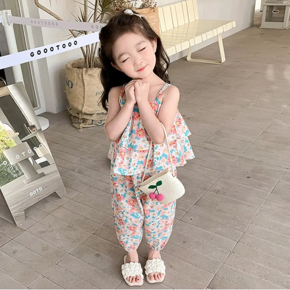 Bear Leader 2-7 Years Old Pink Girls Clothes Summer Flower Printed Camisole Top+Pants Two-piece Set Casual Children's Clothing
