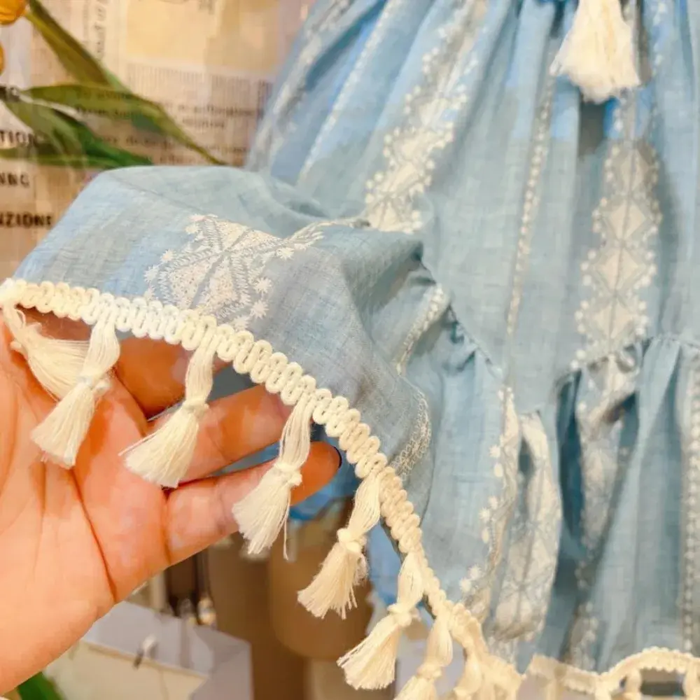 Bear Leader Summer Girls Casual Dresses Short Sleeved Tassel Princess Dress Blue Seaside Leisure Vacation Children's Clothing