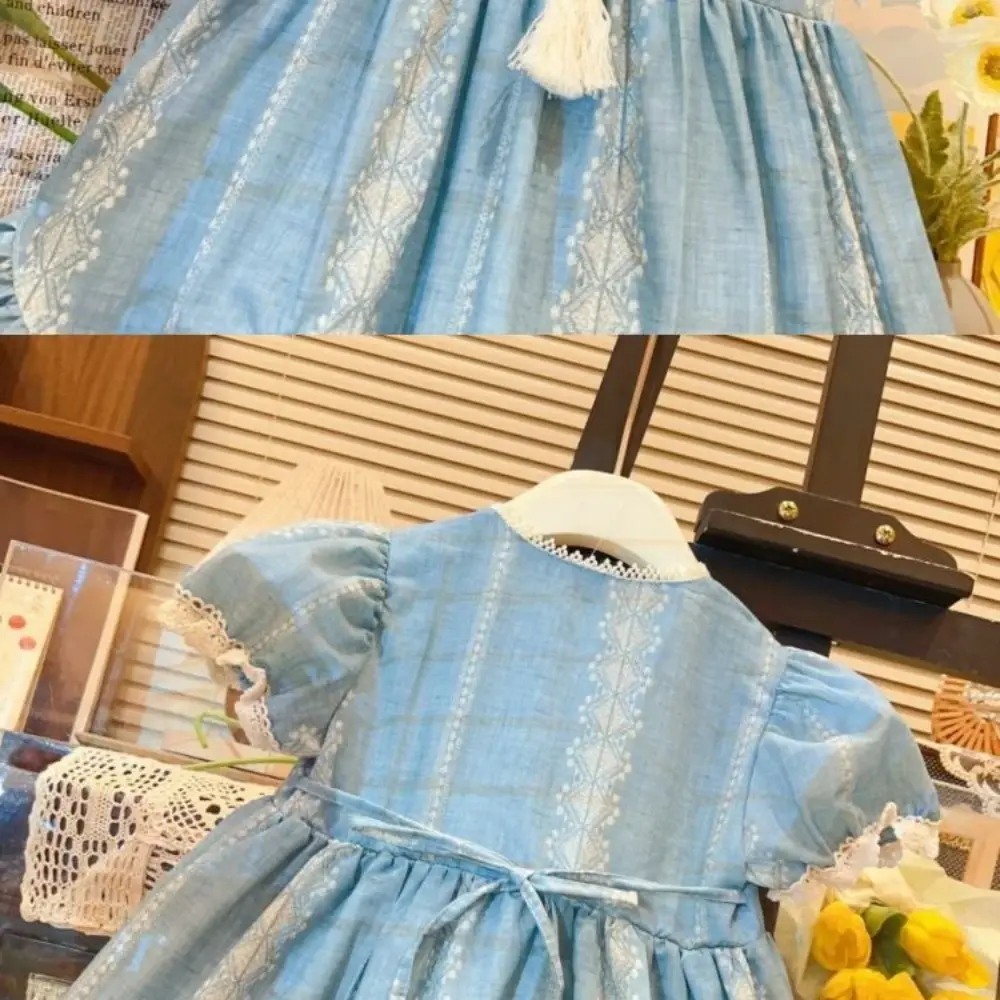 Bear Leader Summer Girls Casual Dresses Short Sleeved Tassel Princess Dress Blue Seaside Leisure Vacation Children's Clothing