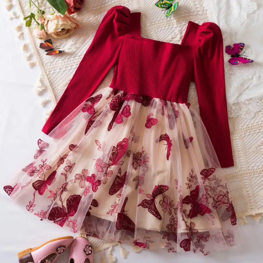 Bear Leader Autumn New Square Neck Girls Dresses Long Sleeved Butterfly Mesh Patchwork Princess Dress Red Christmas Kids Wear