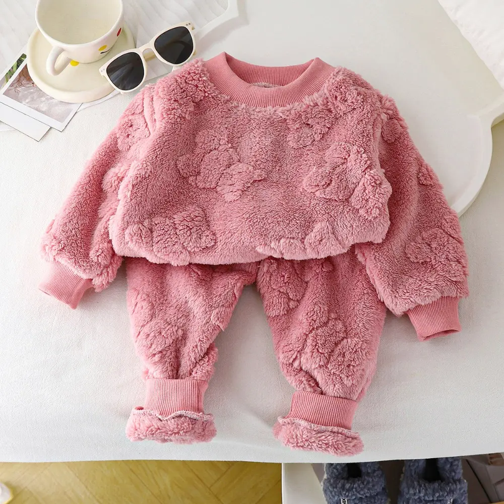 Bear Leader Autumn and Winter Solid Color Kids Pajama Set Cartoon Printed Long Sleeve Top+Pants Girls' Casual Home Clothes