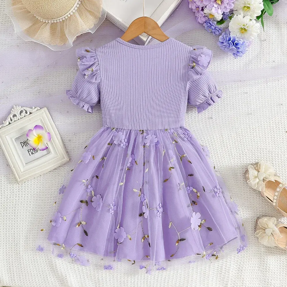 Bear Leader Korean Version Summer Purple Girls Casual Dresses Fashionable Bubble Sleeves Mesh Splicing Children's Dress