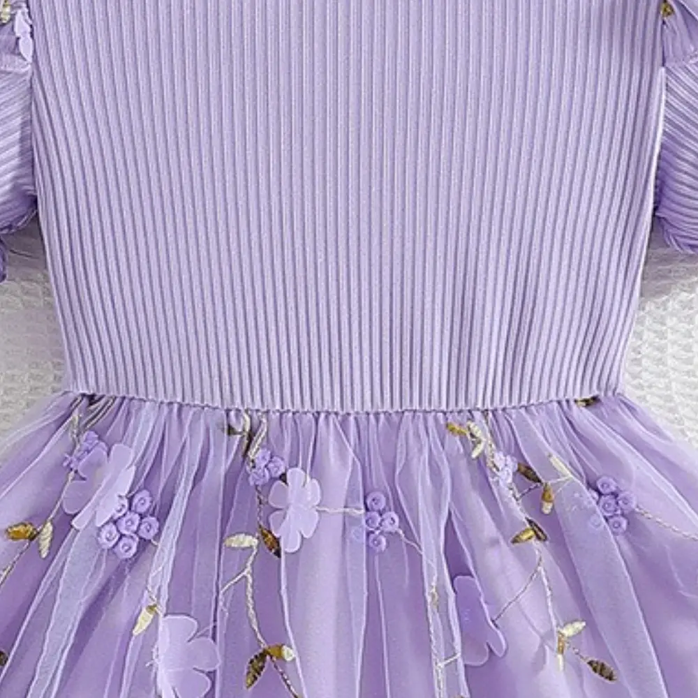 Bear Leader Korean Version Summer Purple Girls Casual Dresses Fashionable Bubble Sleeves Mesh Splicing Children's Dress